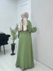 Gx2563-Düğmeli Müslin Elbise-Yeşil