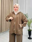 Lm5364-Fermuarlı Casual Pantolon Takım-Kahverengi