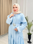 Lr5302-Noura Kemerli Maxi Elbise-Mavi