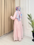 Lr5302-Noura Kemerli Maxi Elbise-Pembe