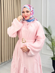 Lr5302-Noura Kemerli Maxi Elbise-Pembe