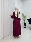 Pw2566-Çilek Kumaş Bağlamalı Elbise-Bordo
