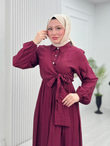 Pw2566-Çilek Kumaş Bağlamalı Elbise-Bordo
