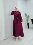 Pw2566-Çilek Kumaş Bağlamalı Elbise-Bordo