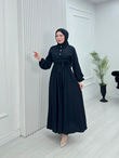 Pw2566-Çilek Kumaş Bağlamalı Elbise-Siyah