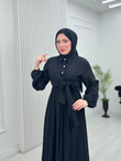 Pw2566-Çilek Kumaş Bağlamalı Elbise-Siyah