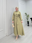 Pw2566-Çilek Kumaş Bağlamalı Elbise-Soft Yeşil