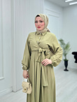 Pw2566-Çilek Kumaş Bağlamalı Elbise-Soft Yeşil