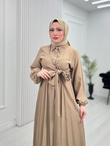 Pw2566-Çilek Kumaş Bağlamalı Elbise-Sütlü Kahve