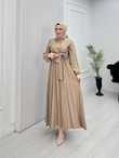 Pw2566-Çilek Kumaş Bağlamalı Elbise-Sütlü Kahve