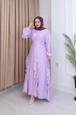 Qd6810b-Vual Asimetrik Kemerli Elbise-Lila