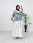 Qx3542-İncili Kot Ceket-Mavi