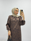 Qx8755-Batik Desen Jakar Elbise-Kahverengi