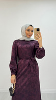 Qx8755-Batik Desen Jakar Elbise-Mürdüm
