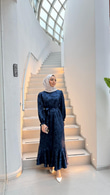 Qx8755-Batik Desen Saten Elbise-Lacivert