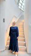 Qx8755-Batik Desen Saten Elbise-Lacivert