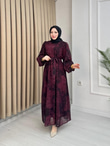 Rb2558-Desenli Şifon Elbise-Mürdüm