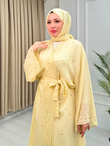 Rb6799-Vual Taş Serpme Kimono+Şallı Set-Sarı