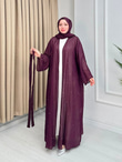 Rb6799-Vual Taş Serpme Kimono+Şallı Set-Mürdüm