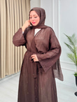 Rb6799-Vual Taş Serpme Kimono+Şallı Set-Koyu Kahverengi