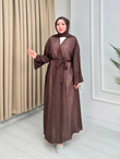 Rb6799-Vual Taş Serpme Kimono+Şallı Set-Koyu Kahverengi