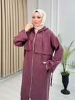 Rh3979-Pelerin Detaylı Kapüşonlu Uzun Kap-Mürdüm