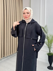 Rh3979-Pelerin Detaylı Kapüşonlu Uzun Kap-Siyah