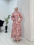 Rw2564-Renkli Şifon Kat Kat Elbise-Pembe