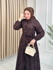 Rw5298-Flora İşlemeli Elbise-Koyu Kahverengi