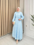 Rw5298-Flora İşlemeli Elbise-Mavi