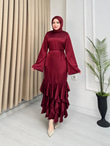 Wb2353-Etek Ucu Fırfırlı Saten Elbise-Bordo