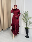 Wb2353-Etek Ucu Fırfırlı Saten Elbise-Bordo