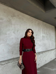 Akrilik Yarasa Kol Kemerli Midi Elbise 992 BORDO