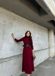 Akrilik Yarasa Kol Kemerli Midi Elbise 992 BORDO