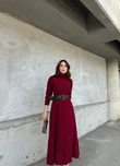 Akrilik Yarasa Kol Kemerli Midi Elbise 992 BORDO