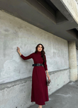 Akrilik Yarasa Kol Kemerli Midi Elbise 992 BORDO