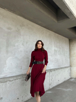 Akrilik Yarasa Kol Kemerli Midi Elbise 992 BORDO