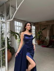 Allyso Degaje Yaka Yırtmaçlı Abiye 582243 İNDİGO