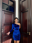 Aren Tek Kol Kadife Mini Elbise 582333 SAKS MAVİSİ