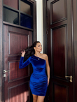Aren Tek Kol Kadife Mini Elbise 582333 SAKS MAVİSİ