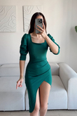 Arsima Kare Yaka Yırtmaçlı Midi Boy Elbise YEŞİL J5X