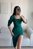 Arsima Kare Yaka Yırtmaçlı Midi Boy Elbise YEŞİL J5X