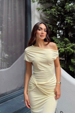 Asel Kayık Yaka Degaje Midi Elbise