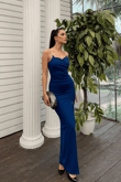 Asiy Aksesuar Askılı Yırtmaç Detay Scuba Abiye 583173 SAKS MAVİSİ