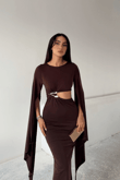 Bel Dekolteli Pelerin Detay Midi Elbise 0332