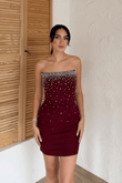 Boncuk İşleme Straplez Mini Elbise 6584