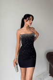Boncuk İşleme Straplez Mini Elbise 6584