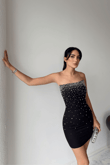 Boncuk İşleme Straplez Mini Elbise 6584