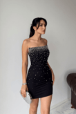 Boncuk İşleme Straplez Mini Elbise 6584