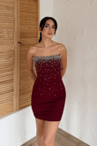 Boncuk İşleme Straplez Mini Elbise 6584